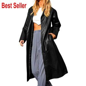 Women's PU Leather Trench Coat Button Down Lapel Faux Leather Jacket